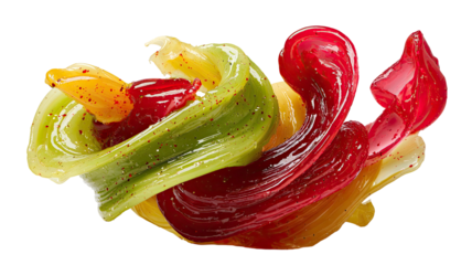 Shiny, twisted strands of colorful, translucent candy on a black background