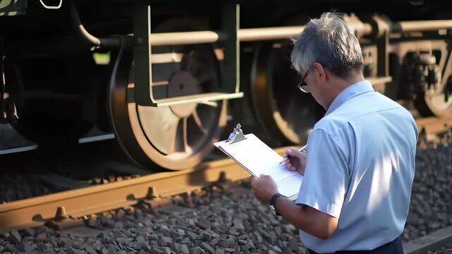 Train inspector meticulously examines the train wheels and tracks for safety checks.