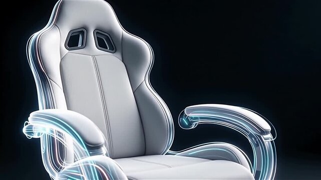 Futuristic gaming chair with sleek design and glowing outlines in a dark environment