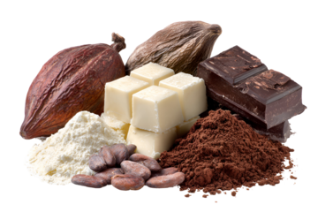 Assortment of chocolate ingredients and products isolated on transparent background