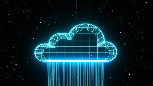 Futuristic glowing cloud icon with neon blue grid pattern, emitting light beams in a dark cosmic backdrop