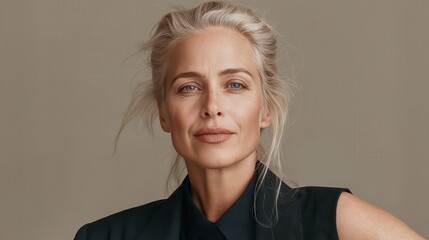 Close-Up Portrait of a Confident Middle-Aged Woman with Natural Beauty