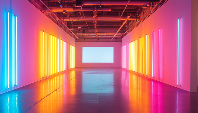 Sci-fi interior with vibrant neon lights illuminates room. Glowing colorful led stripes on walls, floor. Digital trade show venue concept