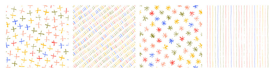 Doodle simple kid's seamless pattern collection. Hand drawn crayon and brush dashes, snowflakes or asterisk, crosses and vertical strokes. Crayon drawn doodle lines seamless pattern for wrapping paper