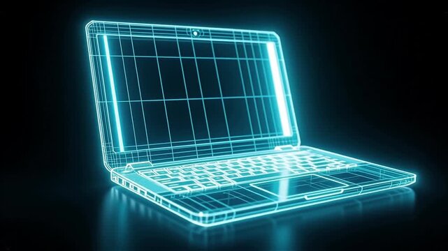 Futuristic holographic representation of a laptop displaying intricate lines and grids, showcasing technology and innovation
