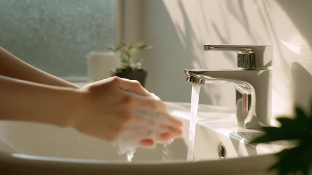 女性が静かに泡立てる夏朝の洗顔