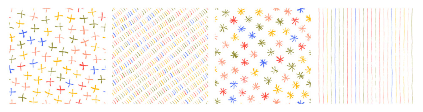 Doodle simple kid's seamless pattern collection. Hand drawn crayon and brush dashes, snowflakes or asterisk, crosses and vertical strokes. Crayon drawn doodle lines seamless pattern for wrapping paper