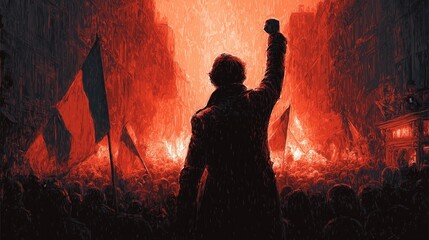 Red Revolution &ndash; A Protester Raises Fist in Fiery Street Uprising