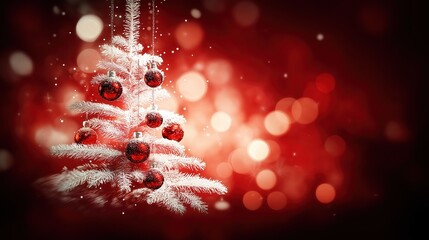 White Christmas Tree with Red Baubles on Festive Red Background