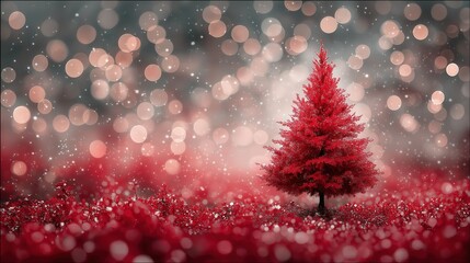 White Christmas Tree with Red Baubles on Festive Red Background