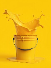 Yellow paint splash from plastic bucket on yellow background