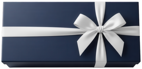 Dark blue luxury gift box with elegant white silk ribbon bow on transparent background