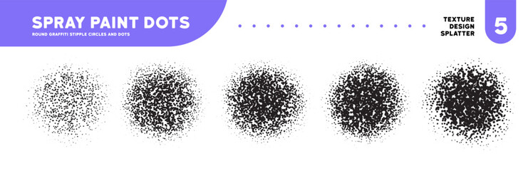 Dissolve spray dots with stipple dust effect. Circles with gradient gradation and spray texture. Abstract dust grainy round shapes. Aerosol vector airbrush effect. Dotted grunge graffiti circles.