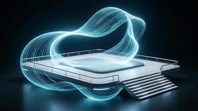 Futuristic illuminated platform with glowing mesh design, creating a dynamic visual effect in a dark environment