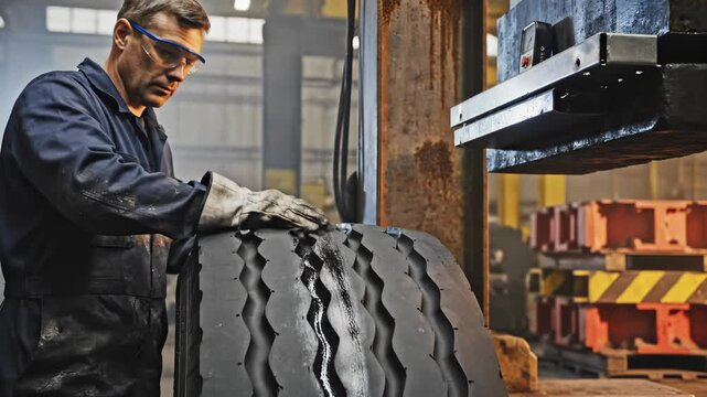 Factory worker inspects large tire tread in manufacturing plant. Worker examines tire component for quality control. Technician inspects rubber tire in factory. Worker checks tire quality in productio