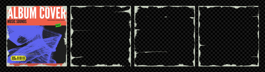 Plakat Distressed music cd cover overlay set with album cover design. Grunge scratch square frames with torn shrink texture. Set of vinyl or photo torn grange frames templates with colorful stickers.