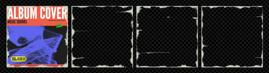 Fototapeten Fußball Distressed music cd cover overlay set with album cover design. Grunge scratch square frames with torn shrink texture. Set of vinyl or photo torn grange frames templates with colorful stickers.  © Anastasiia Hevko