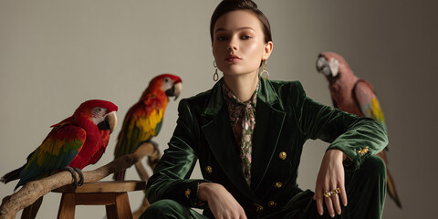 Elegant woman posing with colorful parrots, showcasing beauty and fashion