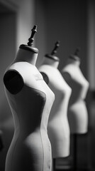 A row of dress forms in a fashion studio, perfect for design and creation. The scene is bathed in artistic lighting, highlighting the contours of the mannequins