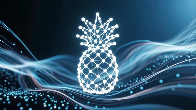 Glowing geometric pineapple illustration amidst dynamic swirling blue and purple light streams, creating a vibrant digital atmosphere