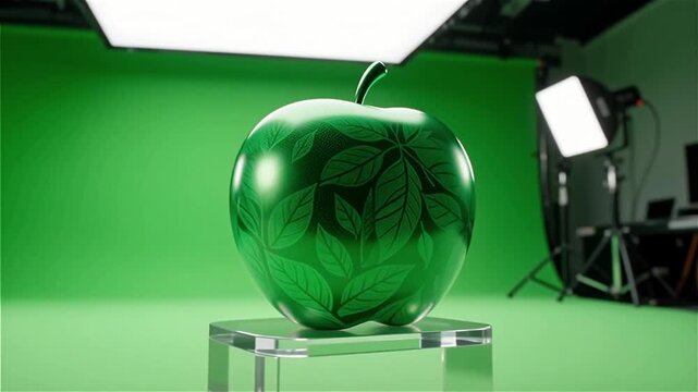 A glossy green apple sculpture with intricate leaf patterns, illuminated by studio lighting against a vibrant green backdrop
