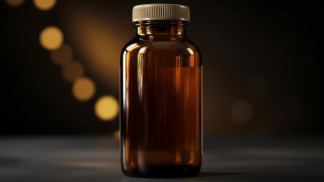 Brown Bottle with Blank Label on Dark Background with Bokeh Lights.