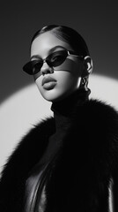 A stylish woman in sunglasses with a bold look, in a classic black and white photo