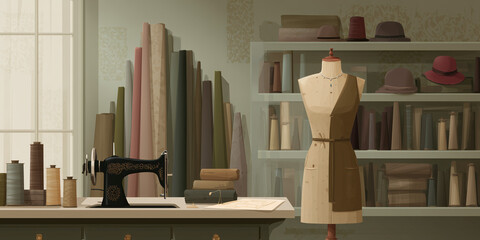A tailor's workshop, featuring a sewing machine, a mannequin, fabrics, and accessories, capturing the essence of crafting