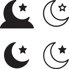 Isolated moon star night silhouette icon, crescent moon and star night sky, islamic night celebration vector, minimal illustration, holiday festival branding, muslim celebration design