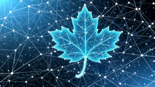 Glowing blue digital maple leaf on a network background signifying technology and nature fusion, creating a futuristic atmosphere