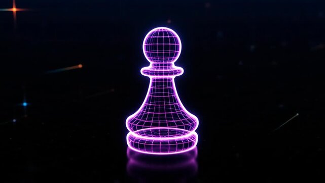 A glowing digital pawn piece illuminated in purple light, set against a dark background with abstract grid patterns, representing strategy and gaming