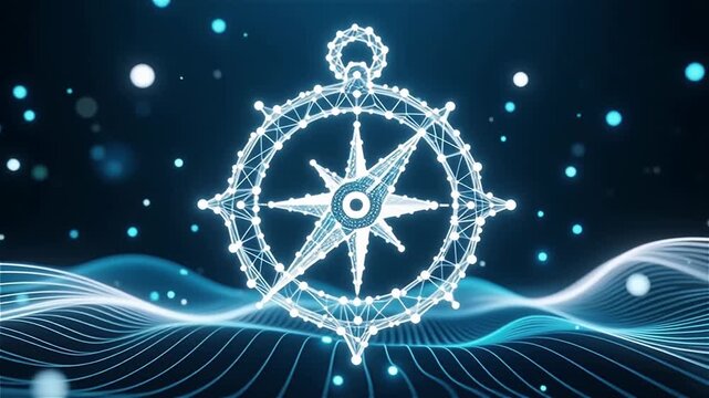 A glowing digital compass with particles and waves in a dark background, symbolizing navigation and direction