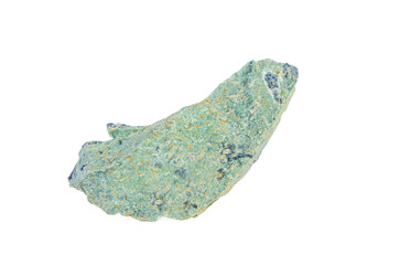 A rough, textured green mineral specimen with dark inclusions on a white background