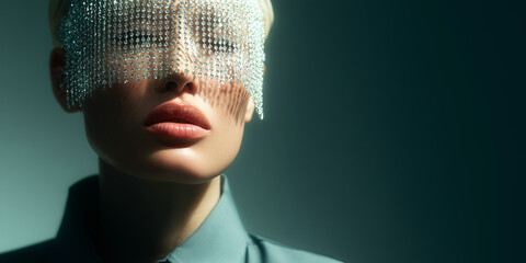 A portrait of an elegantly dressed woman with crystal face mask