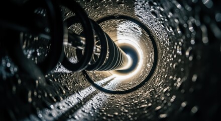 Auger cable navigating tight plumbing bends in floor drain filmed in firstperson view emphasizing precision maneuvering to reach clog site.