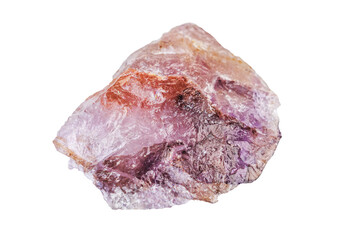 Raw amethyst crystal with purple and pink hues on a white background