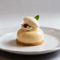 A glossy vanilla mousse dome on a buttery biscuit base, topped with whipped cream, a hint of berry, and a refreshing mint leaf © ibnu