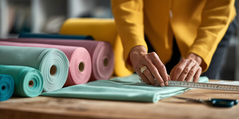 A person measuring fabric on a table in a workshop, ready for the next design. Several rolls of colorful textiles are at hand. 