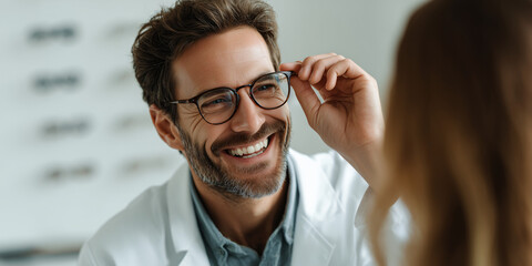Optometrist Fitting Eyeglasses with a Happy Patient