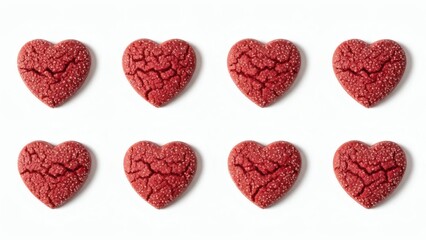 Top-View Flat Lay of Red Velvet Heart-Shaped Cookies with Subtle Sugar Texture, Isolated on Pure White Background