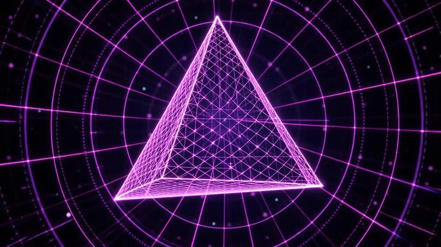 A glowing pink pyramid shape with intricate geometric patterns against a dark background, highlighted by circles and spaced dots, creating a futuristic effect