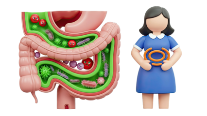 3D illustration of human gut with angry microbes and person indicating discomfort