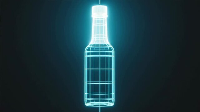 A glowing wireframe visualization of a bottle against a dark background, showcasing a futuristic digital design