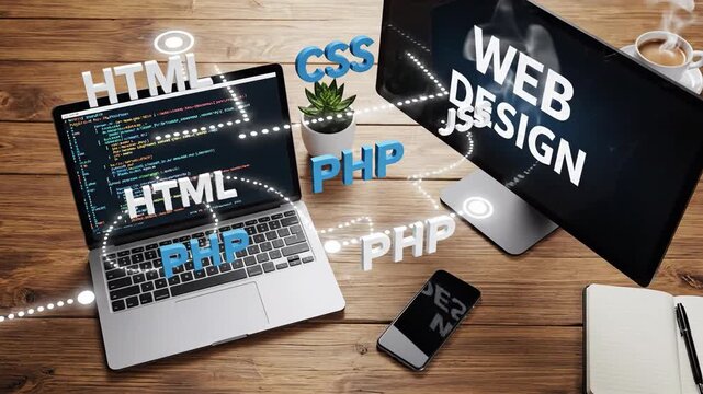 Digital workspace with coding and web design elements on wooden desk