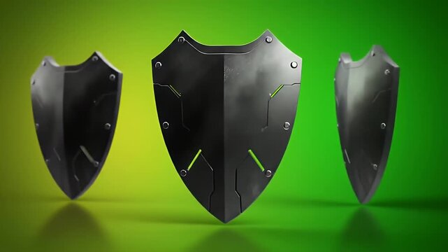 Shields in a row on a gradient background, concept of protection and defense.