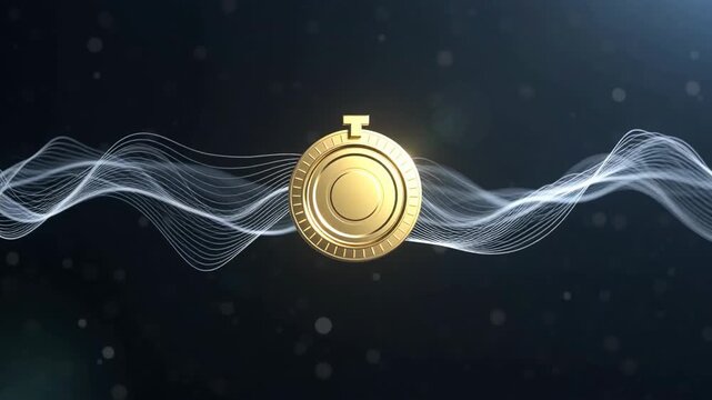 A dazzling golden coin rotates against a dark background with fluid wave patterns, creating a sense of motion and energy