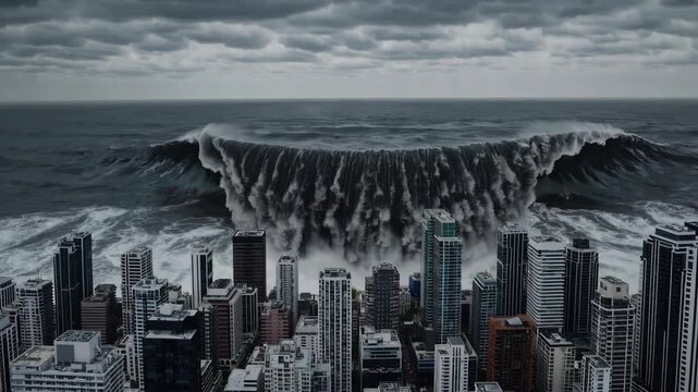 Tsunami city skyline ocean wave disaster storm dramatic water engulfs urban buildings, giant wave approaches modern city skyline dark storm clouds