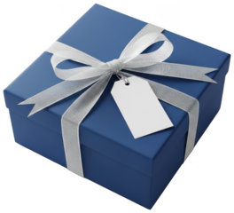 Elegant dark blue gift box tied with metallic silver ribbon and blank tag on a transparent background