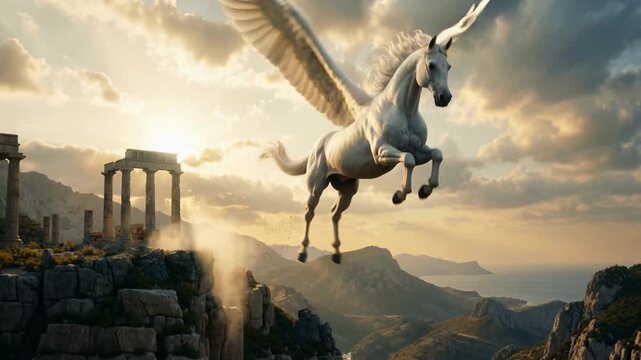 White pegasus galloping through ancient ruins on a cliff at sunset