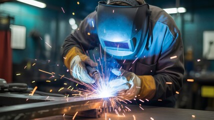 A skilled welder uses arc welding equipment in an industrial setting creating bright sparks
